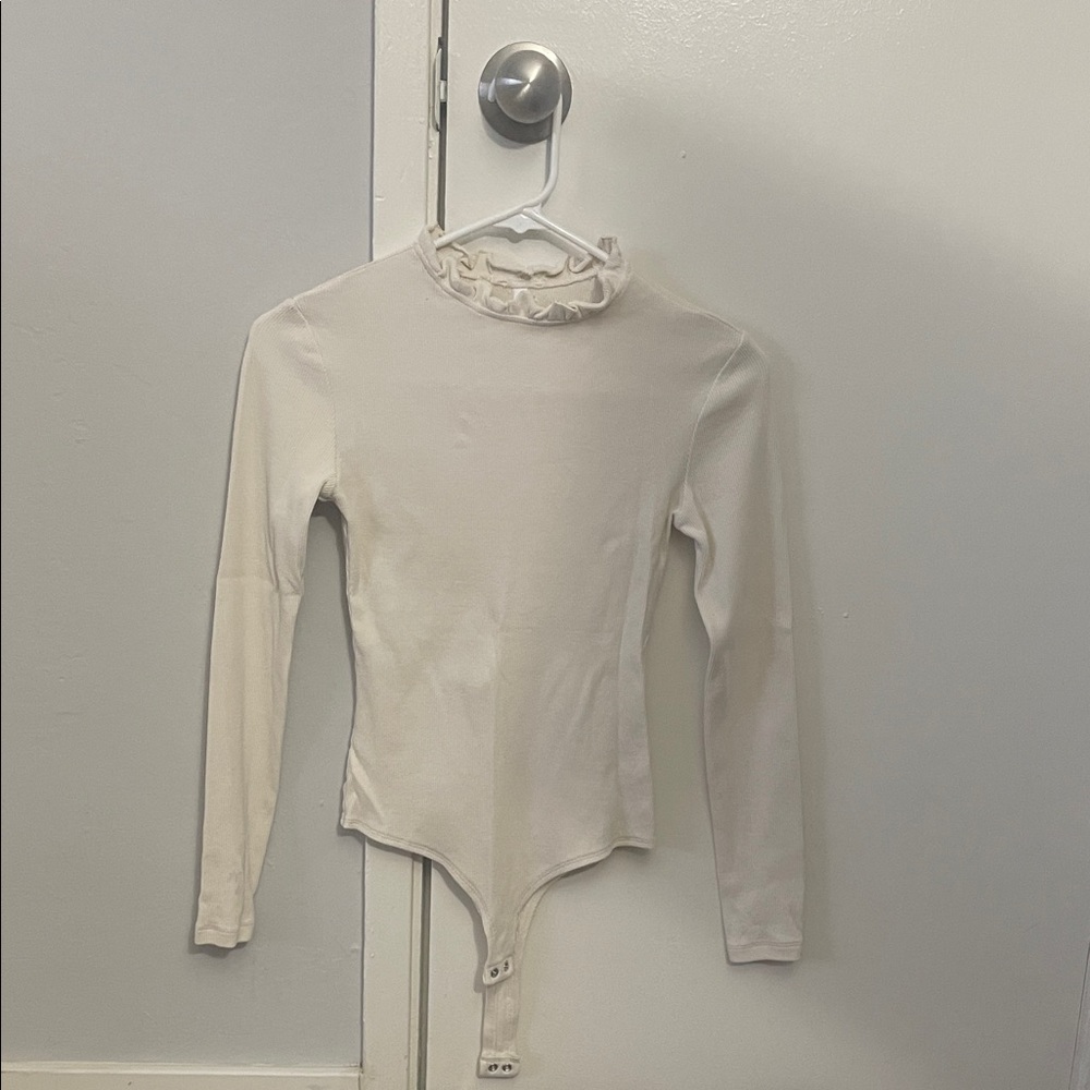 Cream Long Sleeve Bodysuit with Ruffle Neck